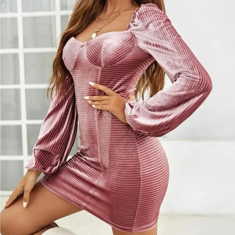 SHEIN Sweetheart Neck Frill Trim Lantern Sleeve Velvet Bodycon Dress - Picture 3 of 6